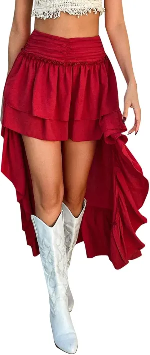 Flowy Boho Skirts for Women High-Low Hem Patchwork Elastic High Waisted Pleated Ruffle Hem Beach Long Maxi Skirt