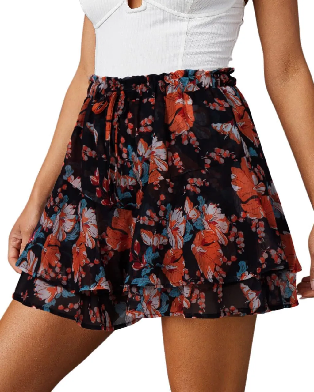 Flowy Shorts for Women Casual Boho Floral Skorts Ruffle Mini Skirts Running Tennis Butterfly Shorts Chiffon Shorts- Printed Black