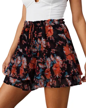 Flowy Shorts for Women Casual Boho Floral Skorts Ruffle Mini Skirts Running Tennis Butterfly Shorts Chiffon Shorts- Printed Black