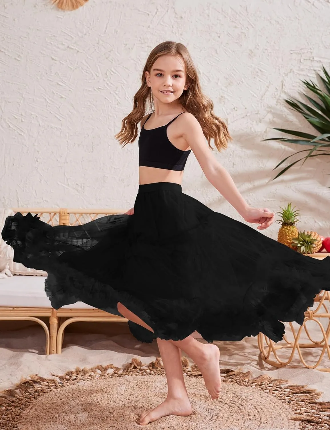 Flygo Girls Tulle Skirt A-Line Long Ruffle Tiered Mesh Tutu Skirt Maxi High Elastic Waist Pleated Layered Skirts