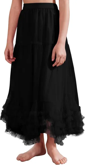 Flygo Girls Tulle Skirt A-Line Long Ruffle Tiered Mesh Tutu Skirt Maxi High Elastic Waist Pleated Layered Skirts