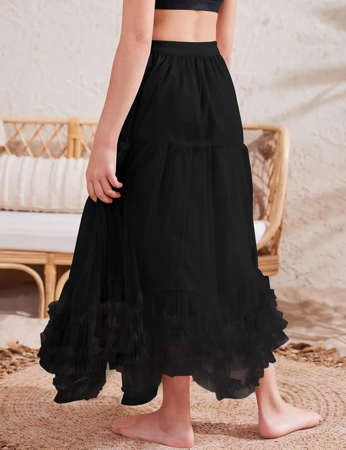 Flygo Girls Tulle Skirt A-Line Long Ruffle Tiered Mesh Tutu Skirt Maxi High Elastic Waist Pleated Layered Skirts