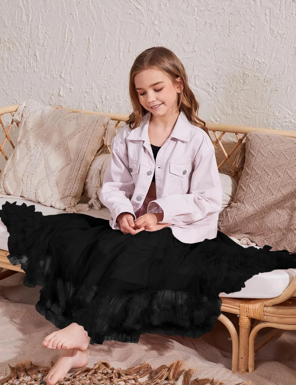 Flygo Girls Tulle Skirt A-Line Long Ruffle Tiered Mesh Tutu Skirt Maxi High Elastic Waist Pleated Layered Skirts