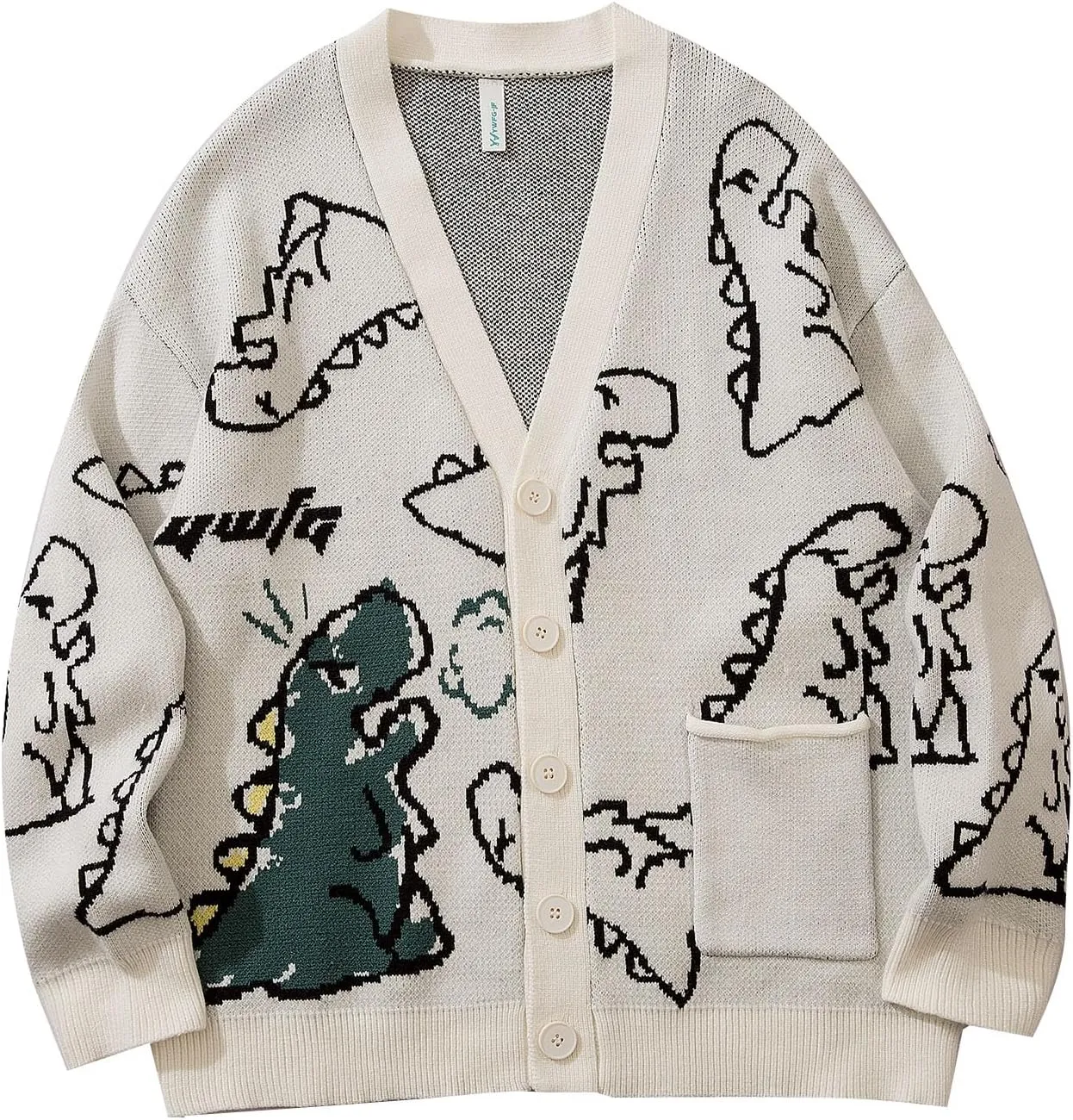 Flygo Mens Dinosaur Sweater Oversized Knitted Cartoon Button Down Sweater Cardigan