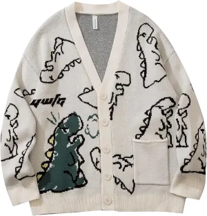 Flygo Mens Dinosaur Sweater Oversized Knitted Cartoon Button Down Sweater Cardigan