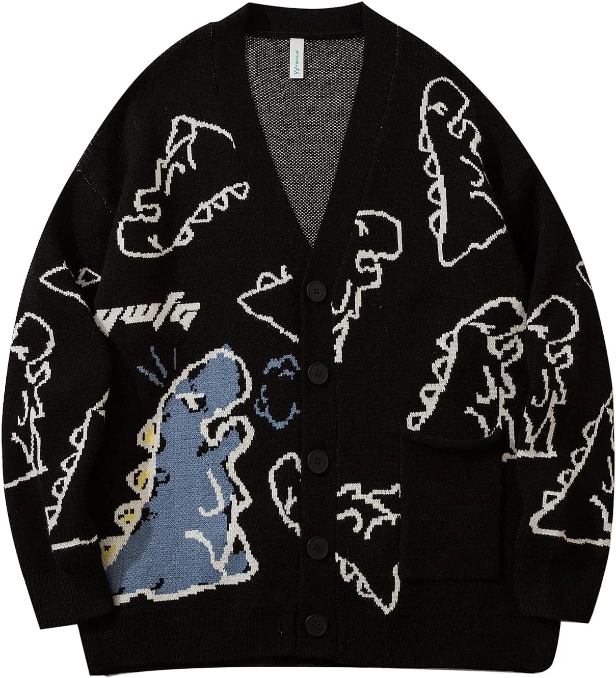 Flygo Mens Dinosaur Sweater Oversized Knitted Cartoon Button Down Sweater Cardigan