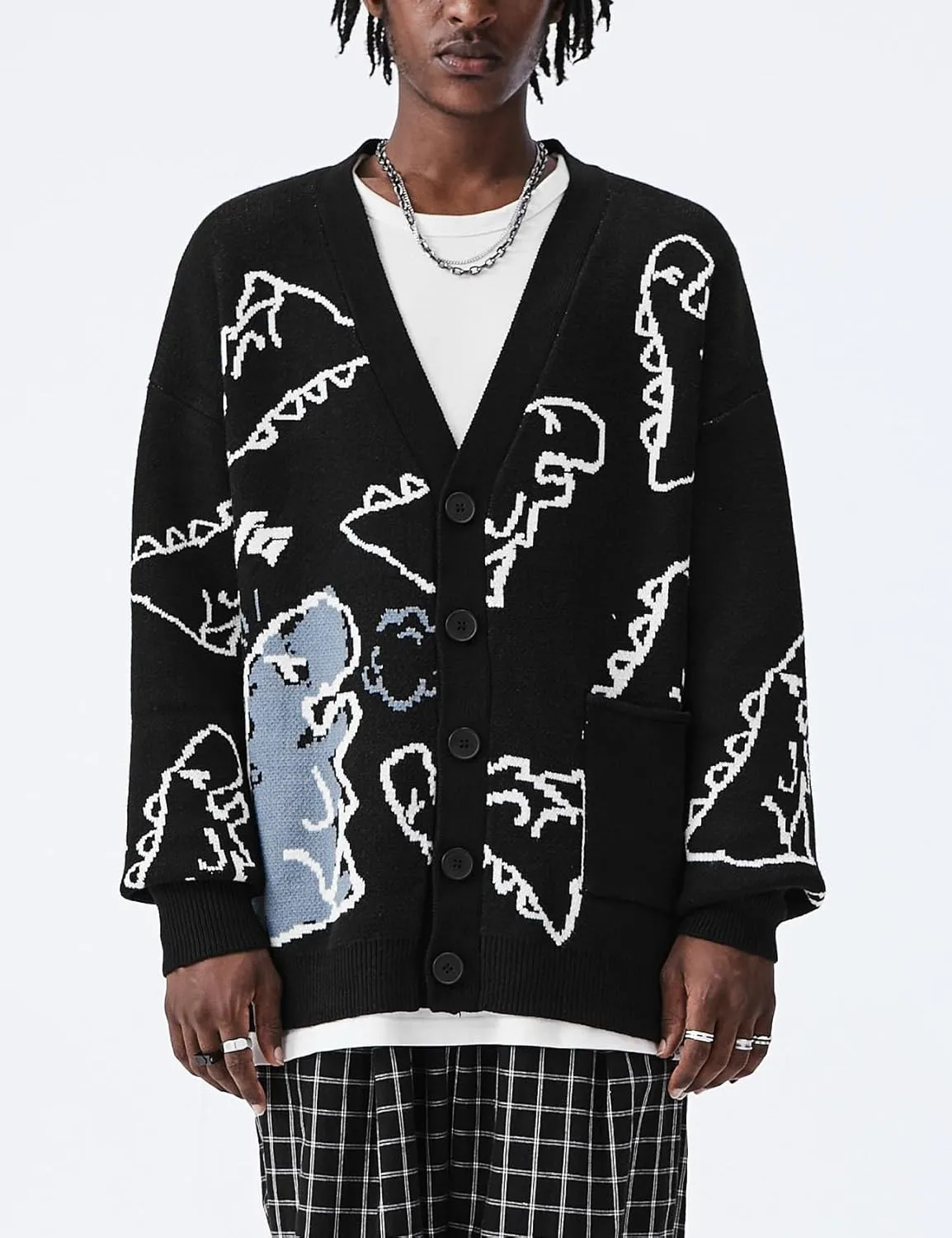 Flygo Mens Dinosaur Sweater Oversized Knitted Cartoon Button Down Sweater Cardigan