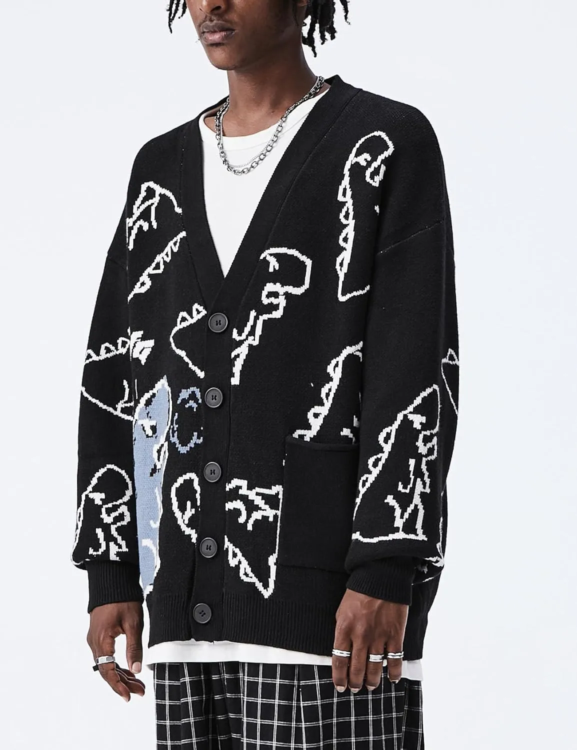 Flygo Mens Dinosaur Sweater Oversized Knitted Cartoon Button Down Sweater Cardigan