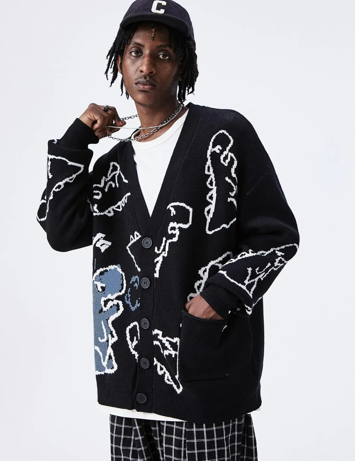 Flygo Mens Dinosaur Sweater Oversized Knitted Cartoon Button Down Sweater Cardigan