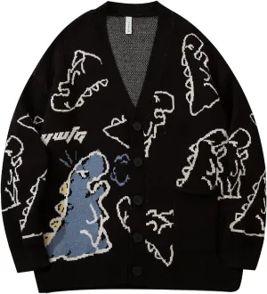 Flygo Mens Dinosaur Sweater Oversized Knitted Cartoon Button Down Sweater Cardigan