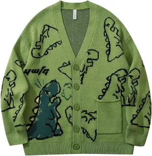 Flygo Mens Dinosaur Sweater Oversized Knitted Cartoon Button Down Sweater Cardigan
