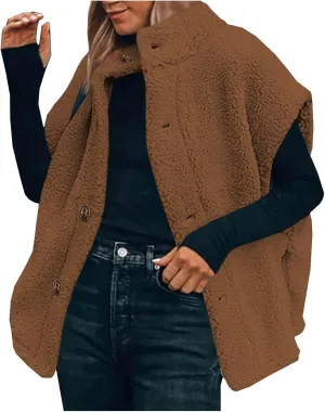 Fuzzy Fleece Vest for Women Casual Plus Size Button Down Sleeveless Jackets Loose Winter Warm Sherpa Vests Coat with Pockets