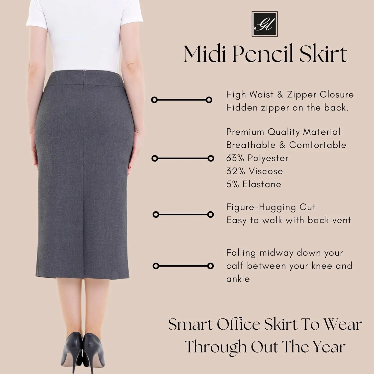 G-Line Pencil Midi Skirts for Women - Petite to Plus Size Midi Skirt - High Waisted, Back Slit, Knee Length Women's Skirts