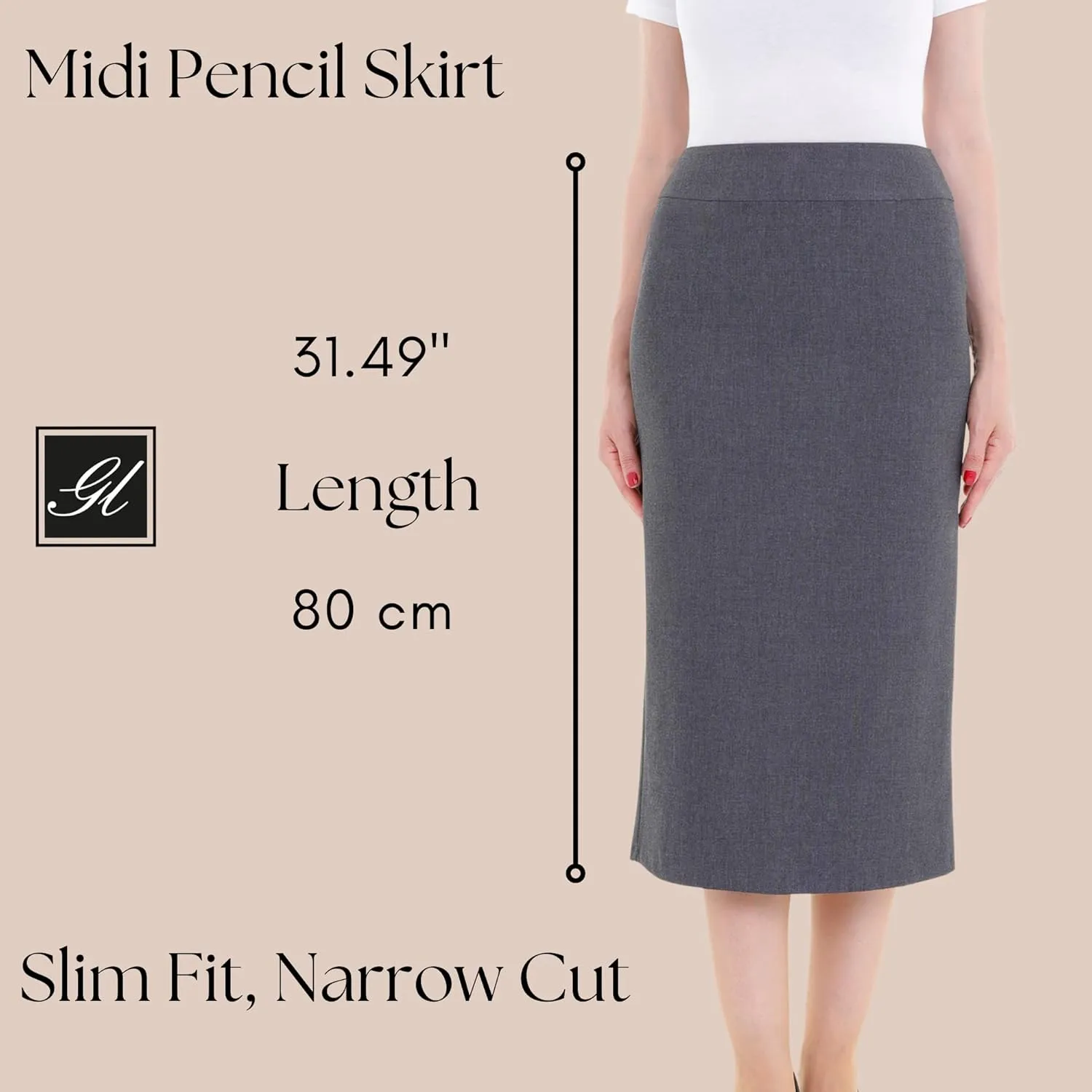 G-Line Pencil Midi Skirts for Women - Petite to Plus Size Midi Skirt - High Waisted, Back Slit, Knee Length Women's Skirts