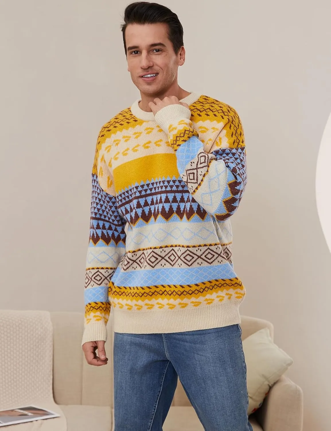 Gihuo Men Vintage Striped Sweater Grandpa Fall Winter Pullover Long Sleeve Crewneck Jumper Knit Christmas Sweater Tops