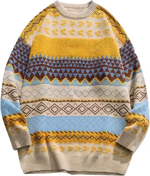 Gihuo Men Vintage Striped Sweater Grandpa Fall Winter Pullover Long Sleeve Crewneck Jumper Knit Christmas Sweater Tops