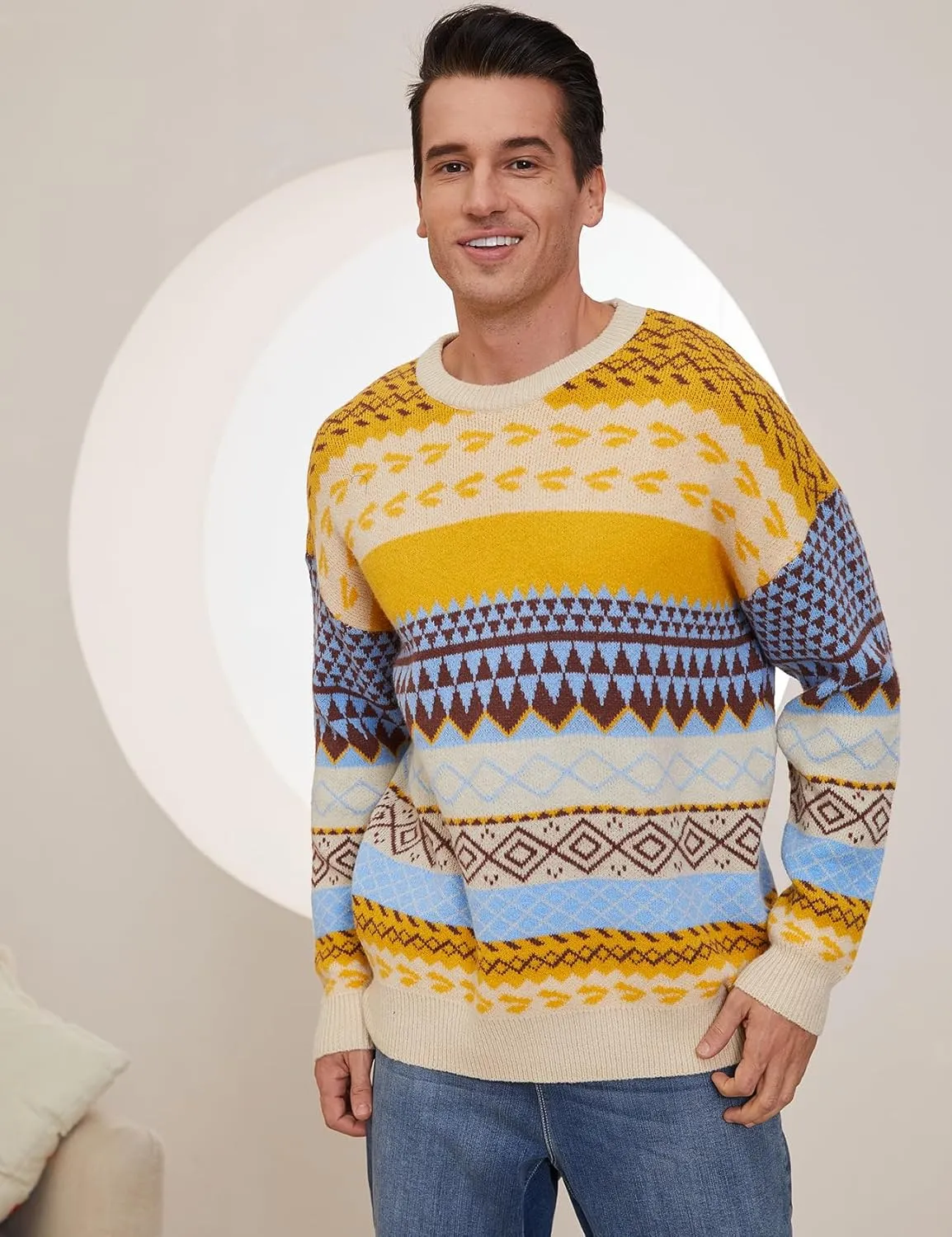 Gihuo Men Vintage Striped Sweater Grandpa Fall Winter Pullover Long Sleeve Crewneck Jumper Knit Christmas Sweater Tops