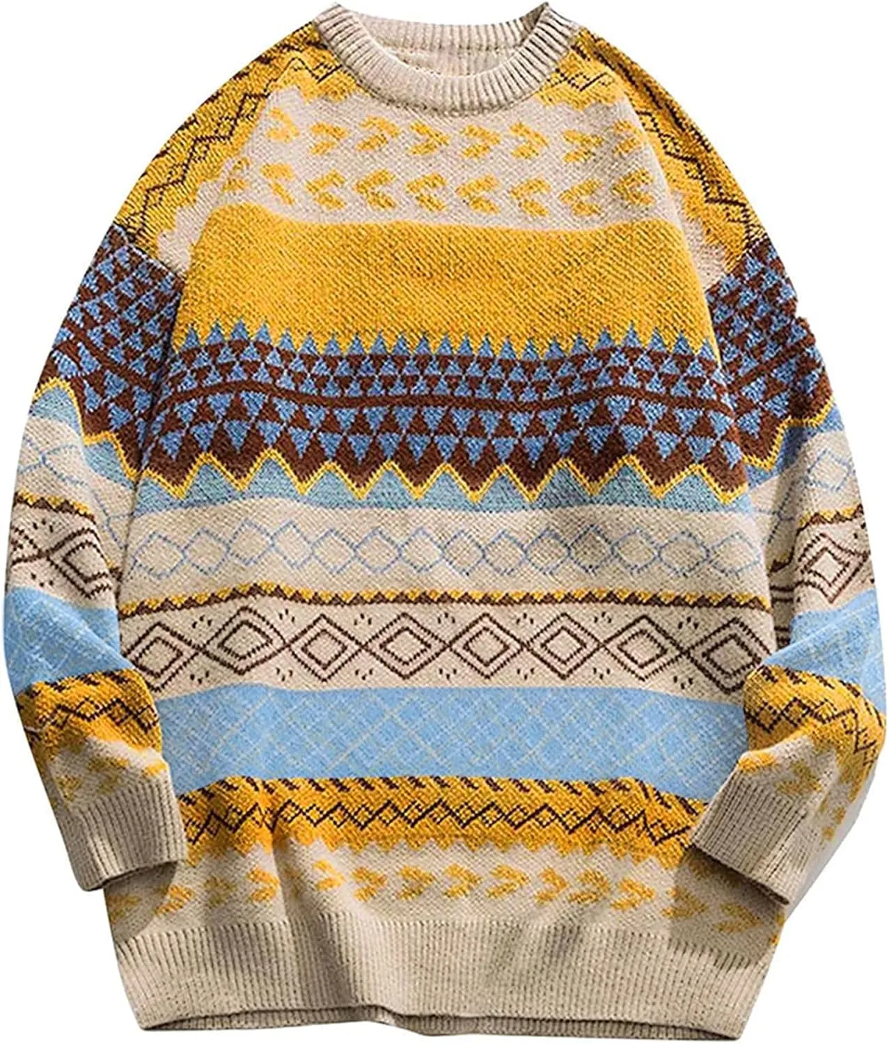 Gihuo Men Vintage Striped Sweater Grandpa Fall Winter Pullover Long Sleeve Crewneck Jumper Knit Christmas Sweater Tops