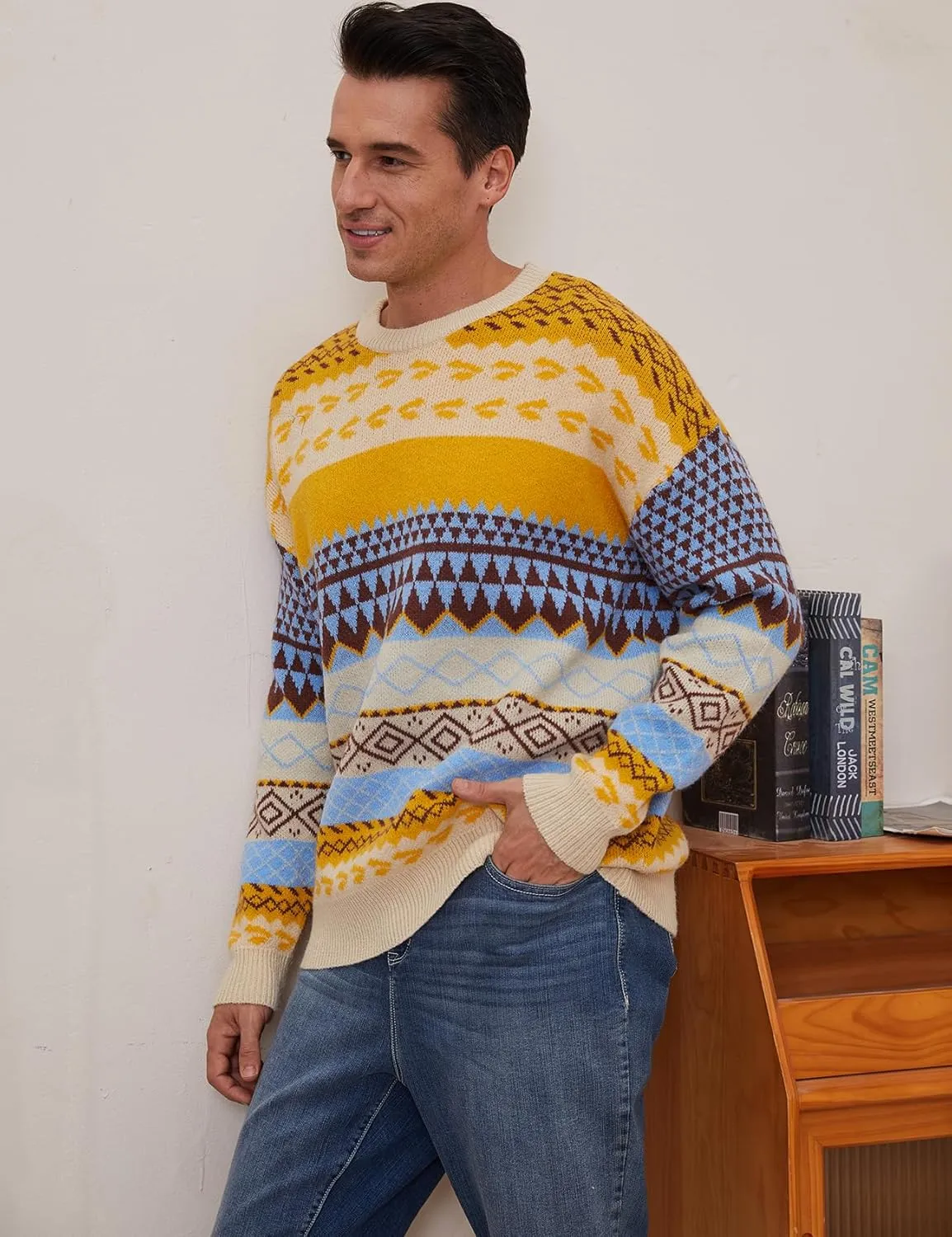 Gihuo Men Vintage Striped Sweater Grandpa Fall Winter Pullover Long Sleeve Crewneck Jumper Knit Christmas Sweater Tops
