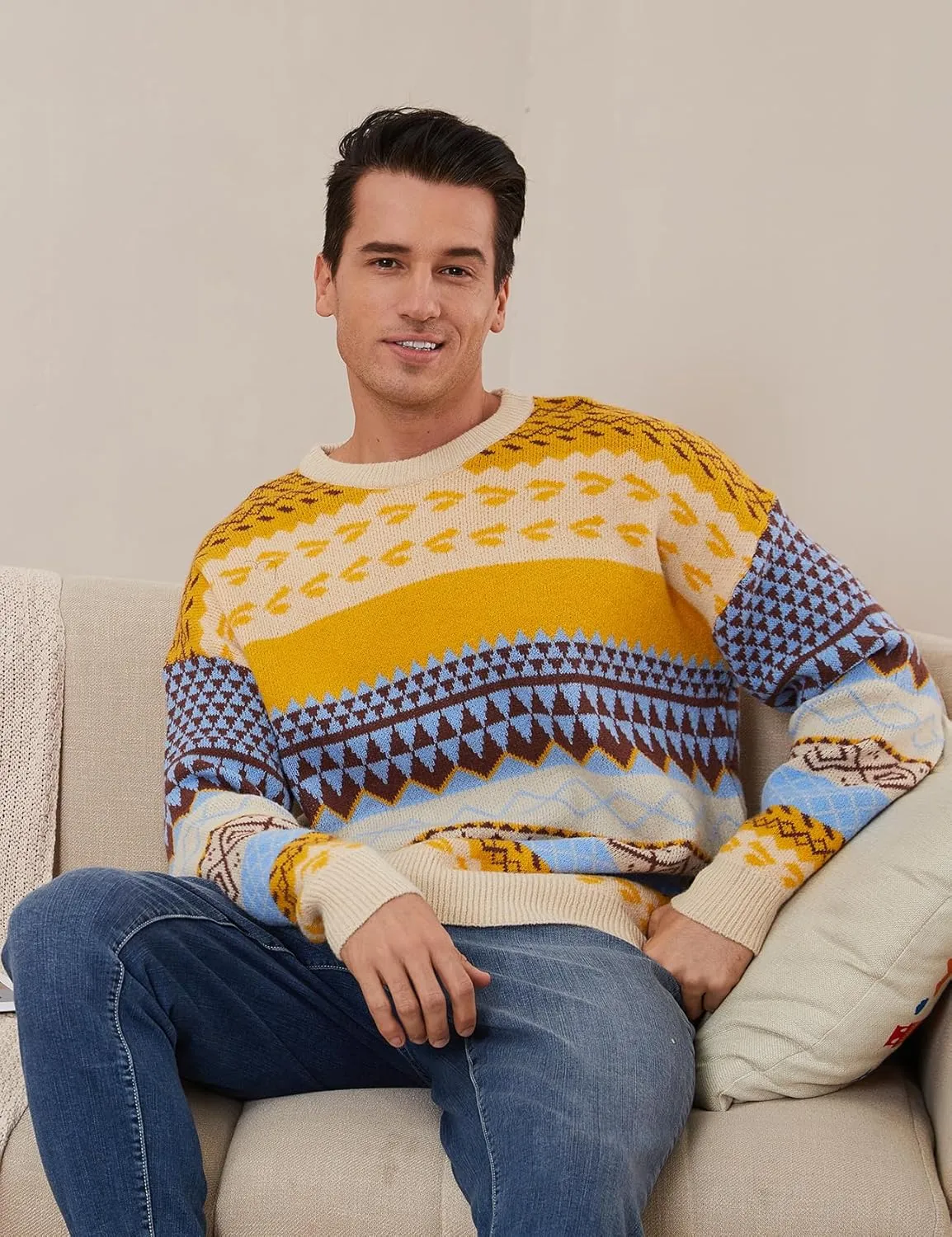 Gihuo Men Vintage Striped Sweater Grandpa Fall Winter Pullover Long Sleeve Crewneck Jumper Knit Christmas Sweater Tops