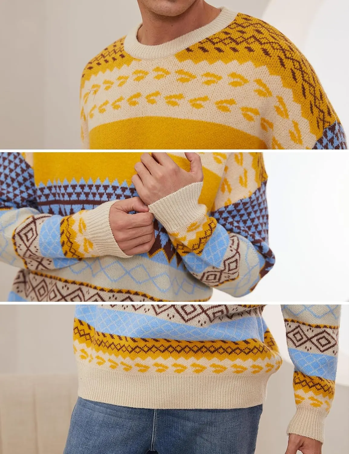 Gihuo Men Vintage Striped Sweater Grandpa Fall Winter Pullover Long Sleeve Crewneck Jumper Knit Christmas Sweater Tops
