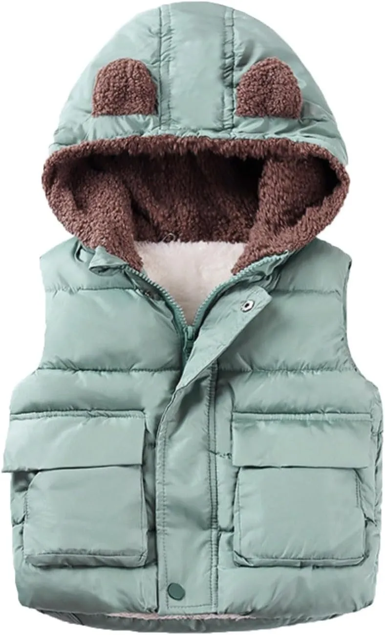 Girl Winter Dress Coat Boys And Girls Fall And Winter Bear Padded Hooded Vest Zipper Cotton Lightweight Kids Jacket