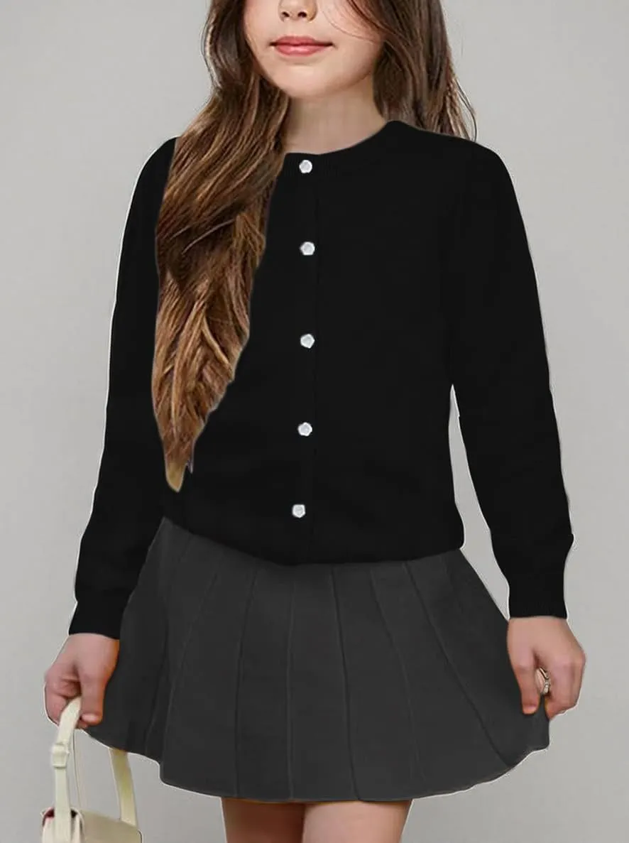 Girls' Cardigan Sweater [Cute Petal Buttons] Cotton Long Sleeve Crewneck Uniform Sweater for 5-14 Years Girls