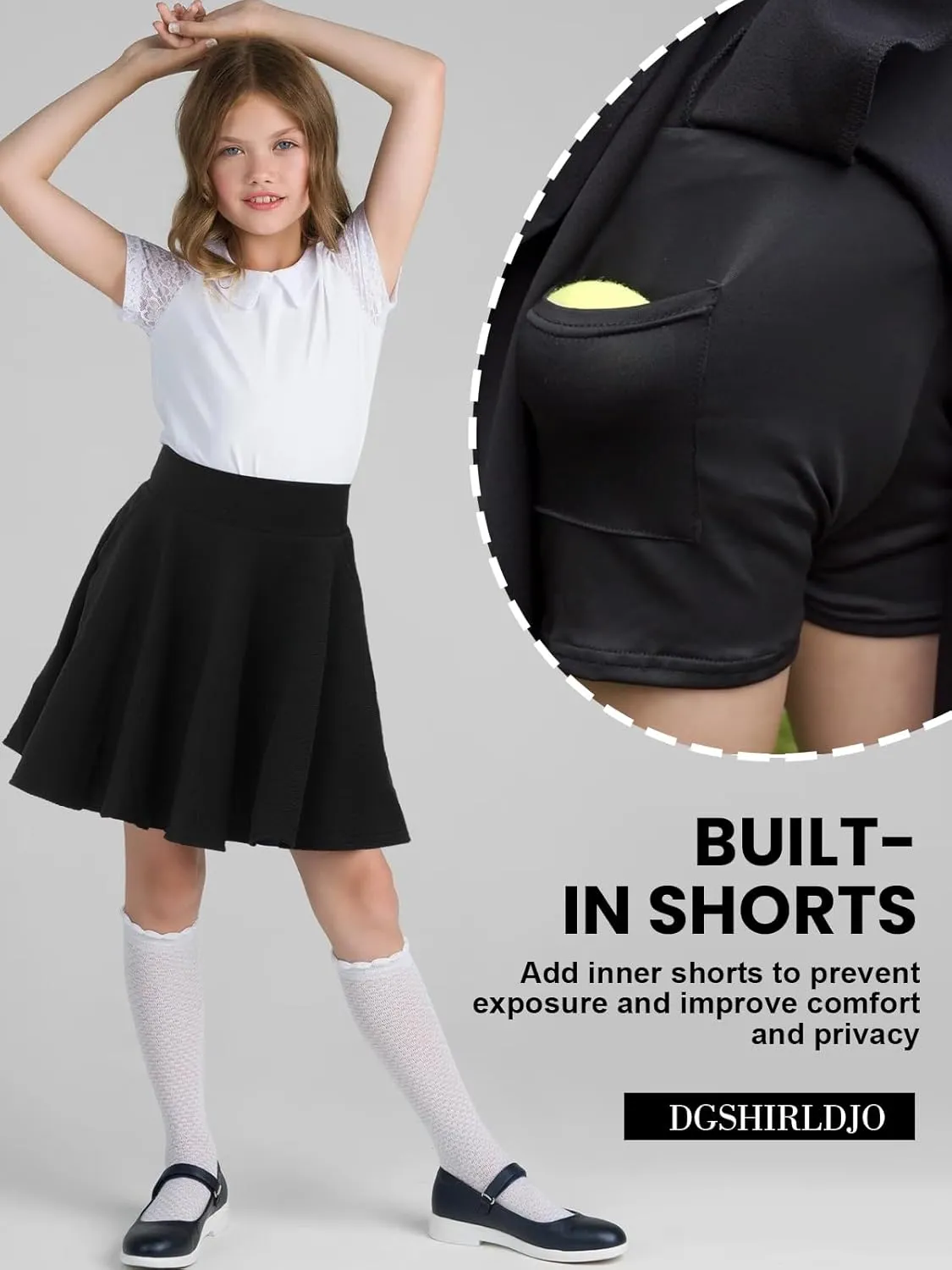 Girl's Skirt,Stretchy Waist Tennis Skirt with Pocket Short Casual Pleated Skater Skirt Uniform Skirt 5-14 Years