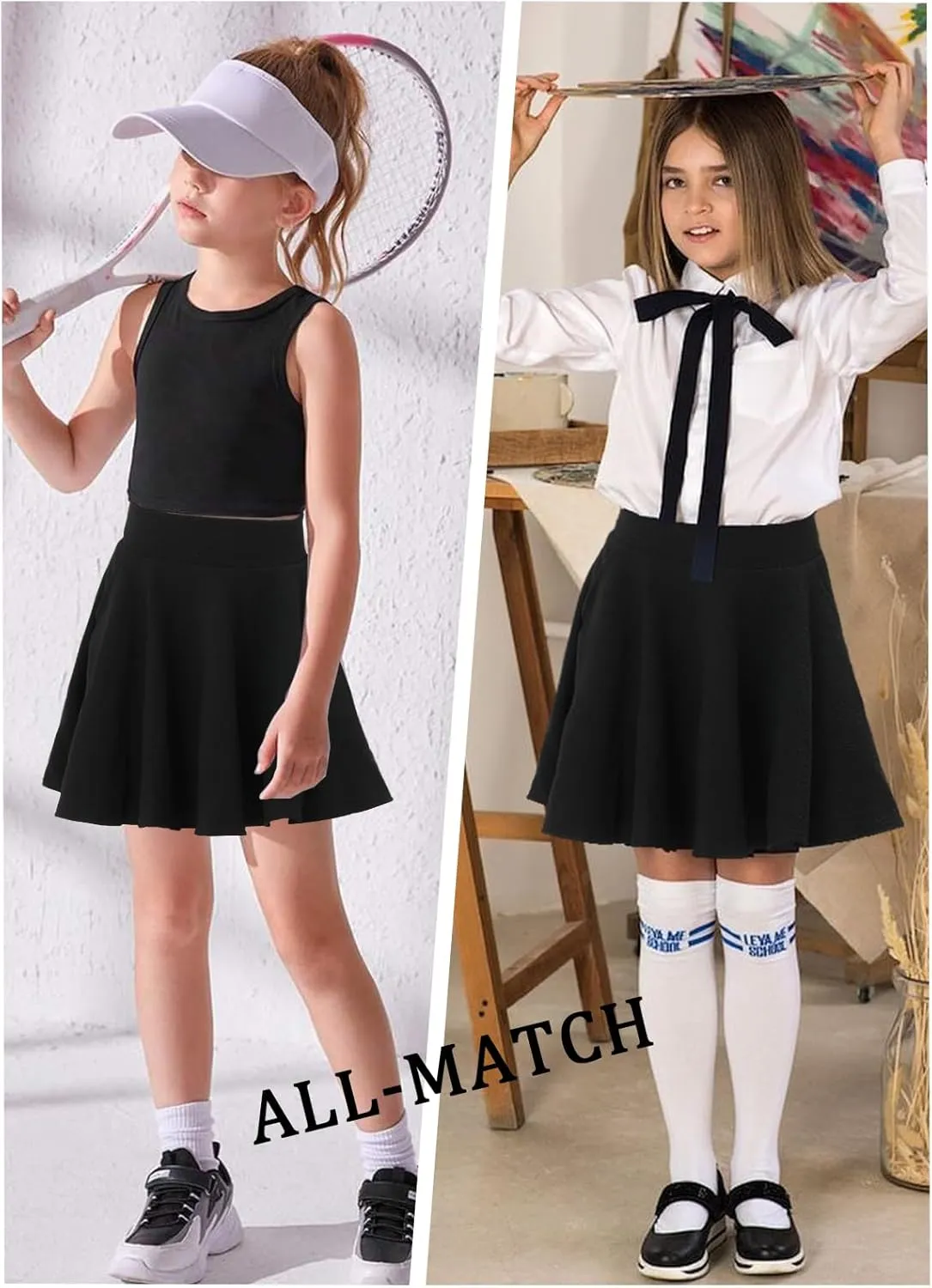 Girl's Skirt,Stretchy Waist Tennis Skirt with Pocket Short Casual Pleated Skater Skirt Uniform Skirt 5-14 Years