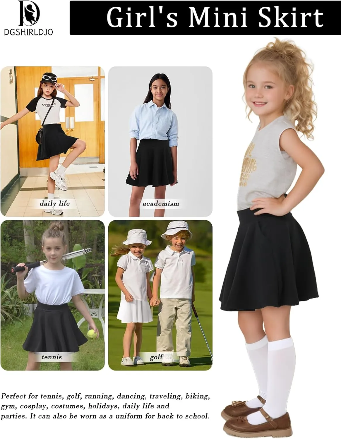 Girl's Skirt,Stretchy Waist Tennis Skirt with Pocket Short Casual Pleated Skater Skirt Uniform Skirt 5-14 Years