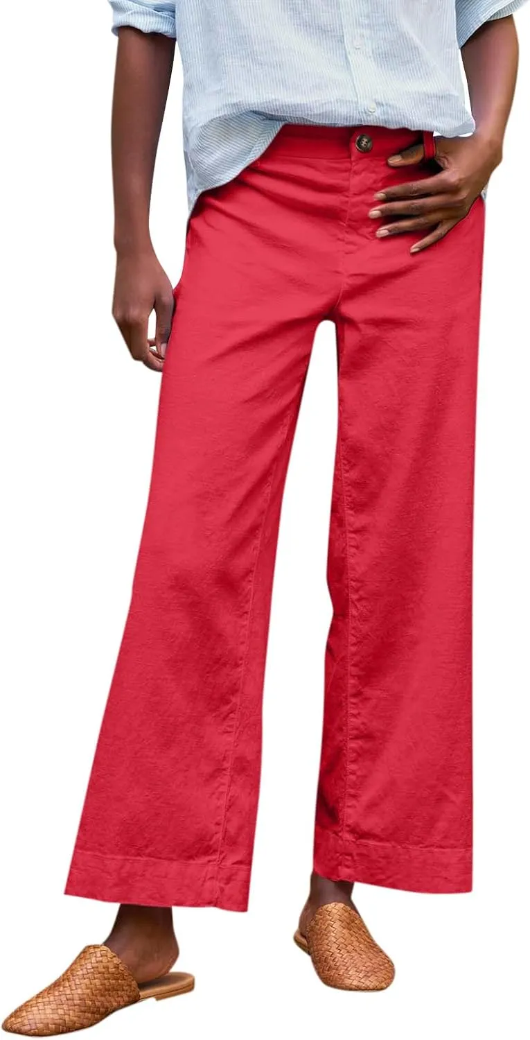 GOFULY Linen Palazzo Pants 2025 Vacation Summer Button Zipper Lounge Pants High Rise with Pocket Elegant Solid Beach Clothes