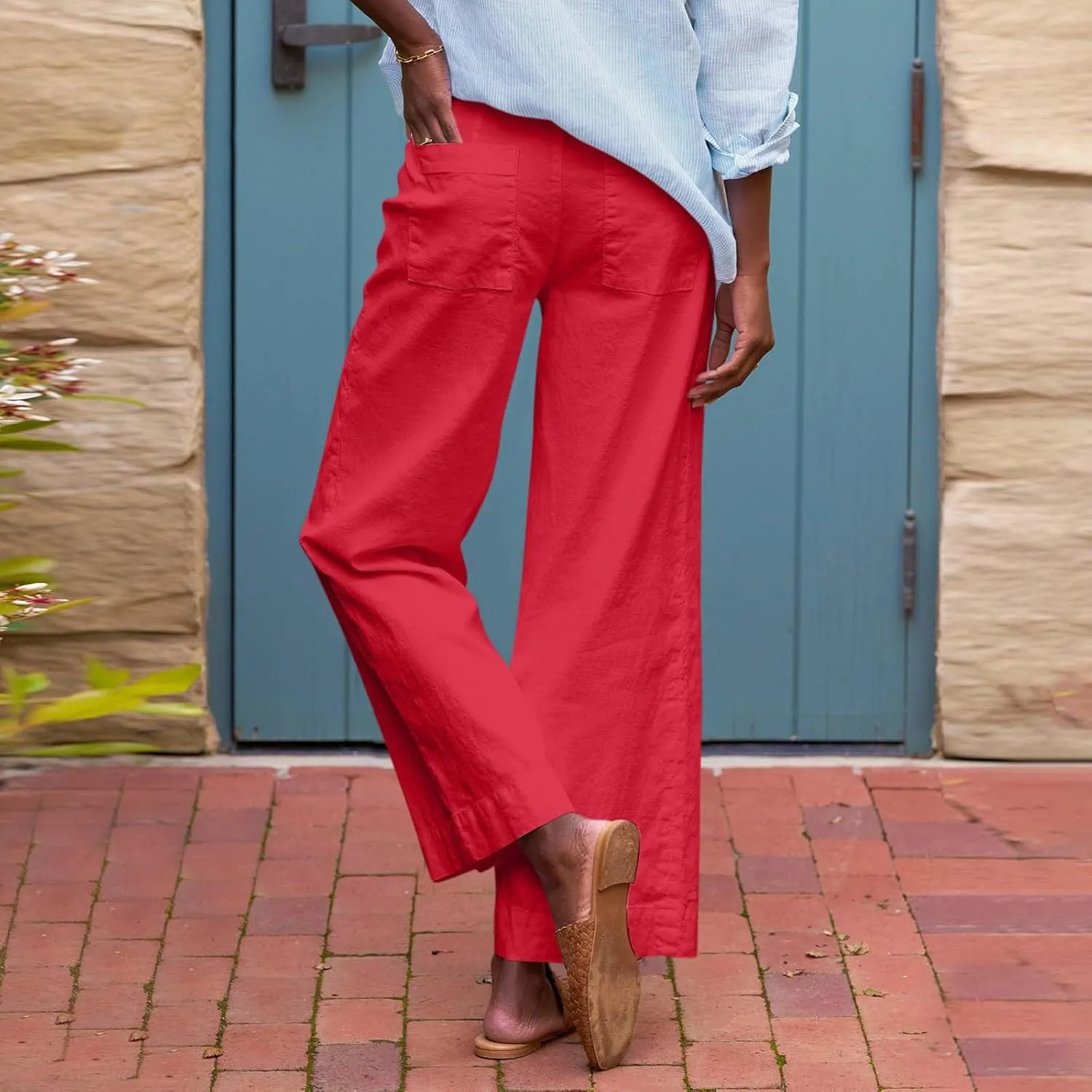 GOFULY Linen Palazzo Pants 2025 Vacation Summer Button Zipper Lounge Pants High Rise with Pocket Elegant Solid Beach Clothes