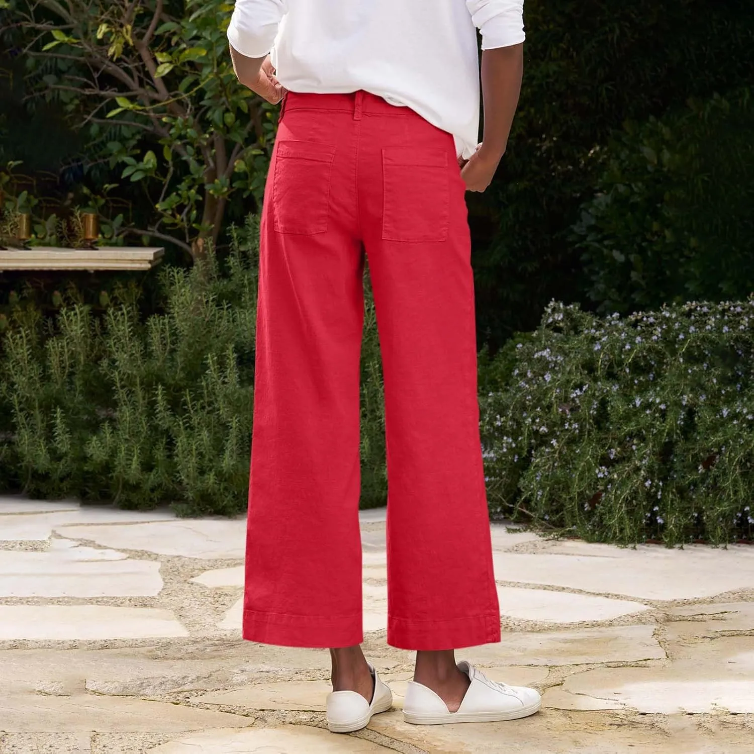 GOFULY Linen Palazzo Pants 2025 Vacation Summer Button Zipper Lounge Pants High Rise with Pocket Elegant Solid Beach Clothes