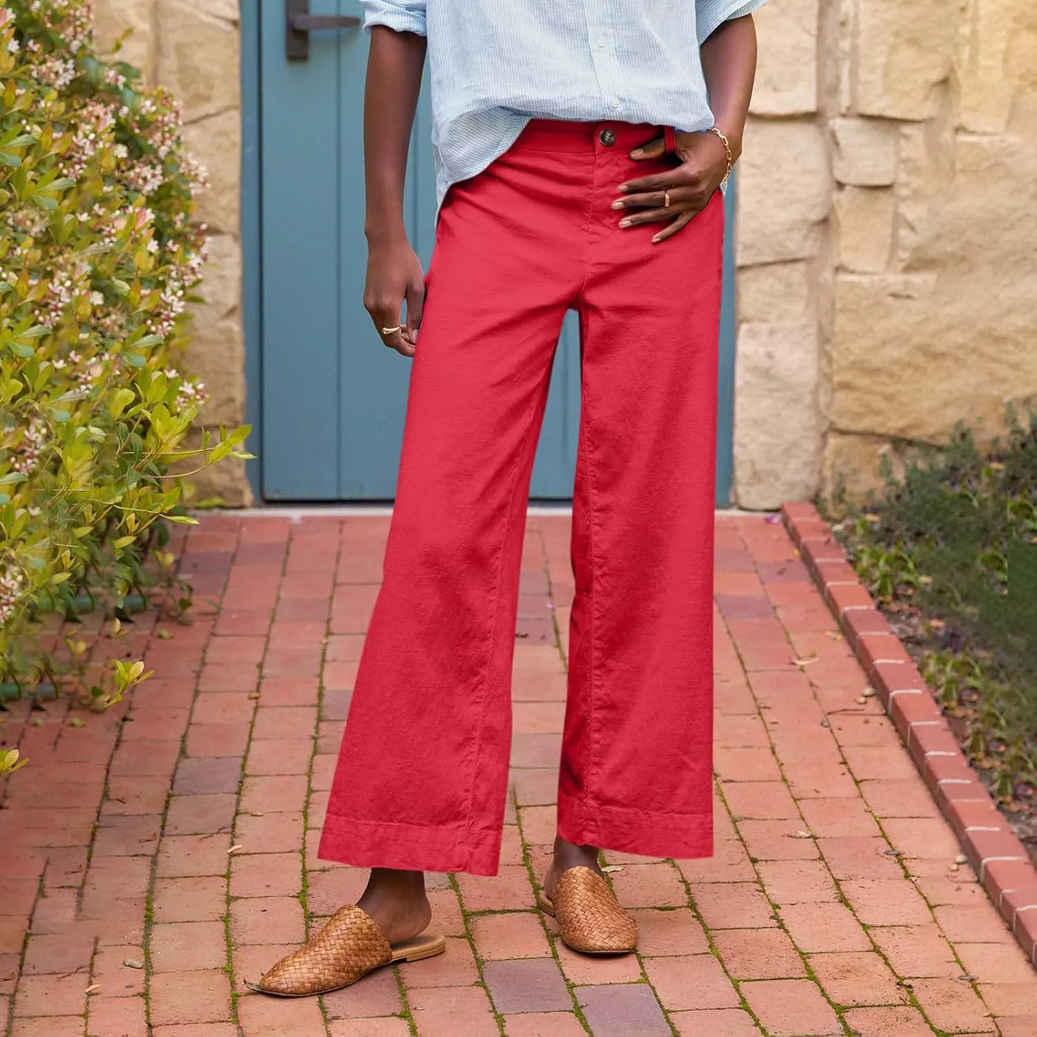GOFULY Linen Palazzo Pants 2025 Vacation Summer Button Zipper Lounge Pants High Rise with Pocket Elegant Solid Beach Clothes