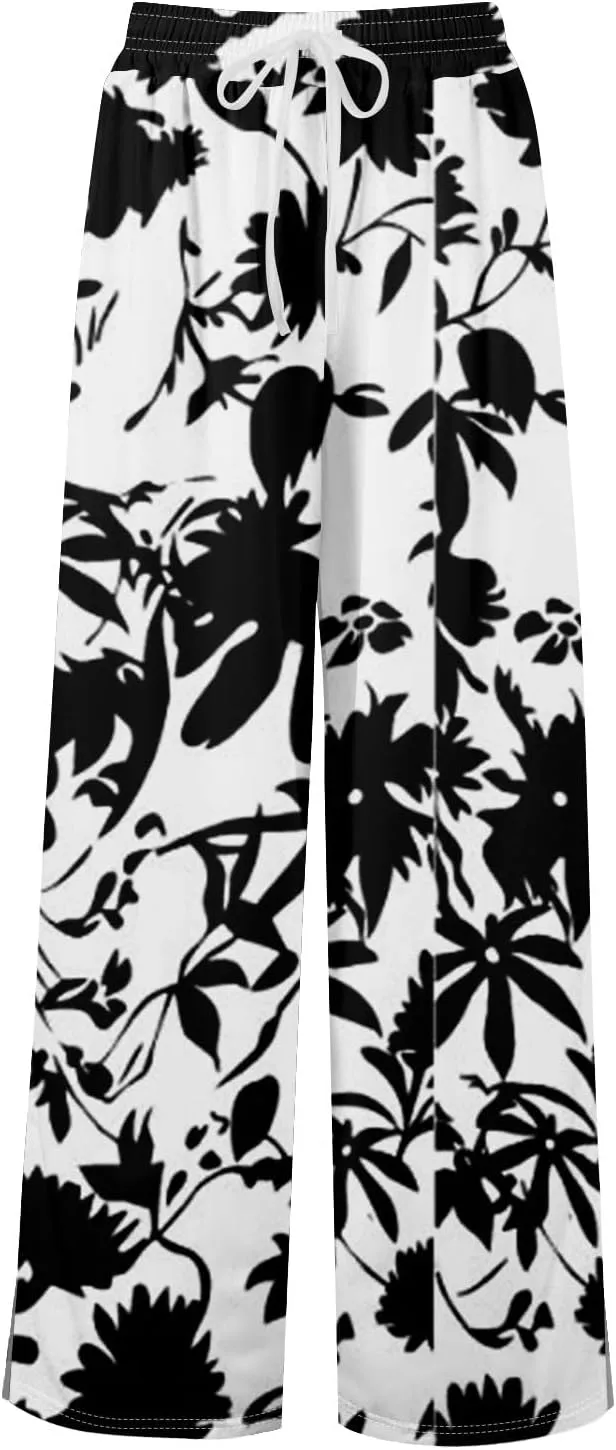 GOFULY Wide Leg Pants Women High Waisted Fall Floral Print Beach Pants Drawstring Elastic Waist Side Slit Pockets Trousers