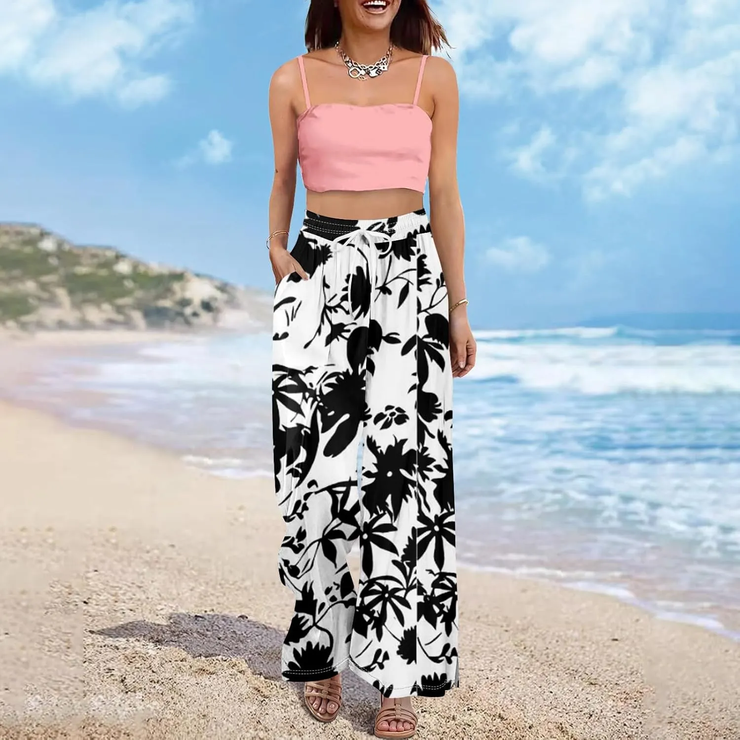 GOFULY Wide Leg Pants Women High Waisted Fall Floral Print Beach Pants Drawstring Elastic Waist Side Slit Pockets Trousers