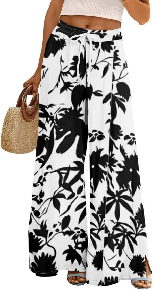GOFULY Wide Leg Pants Women High Waisted Fall Floral Print Beach Pants Drawstring Elastic Waist Side Slit Pockets Trousers
