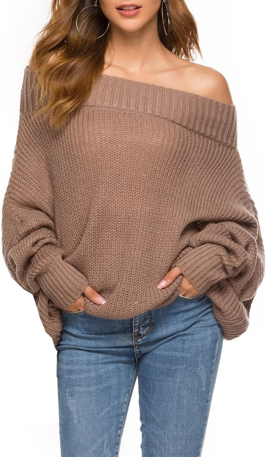 GOLDSTITCH Women's Off Shoulder Batwing Sleeve Loose Oversized Pullover Sweater Knit Jumper