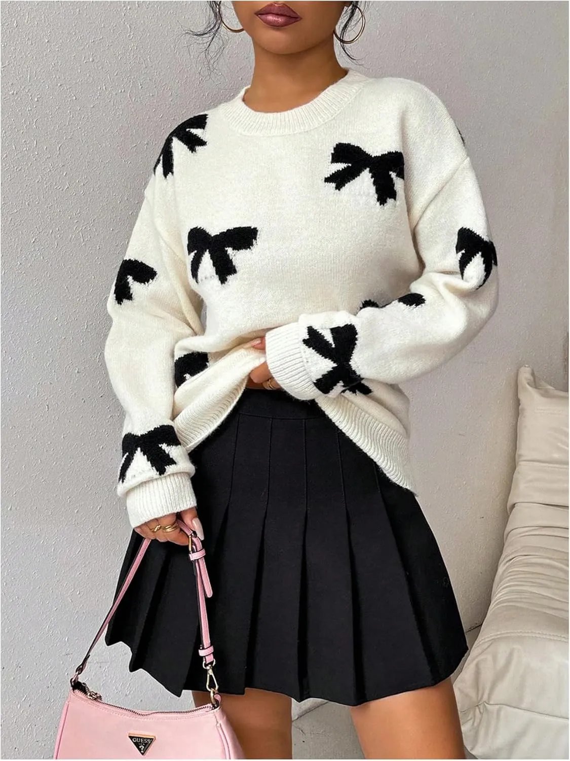 GORGLITTER Women's Bow Sweater Long Sleeve Crew Neck Vintage Y2k Knitted Sweater