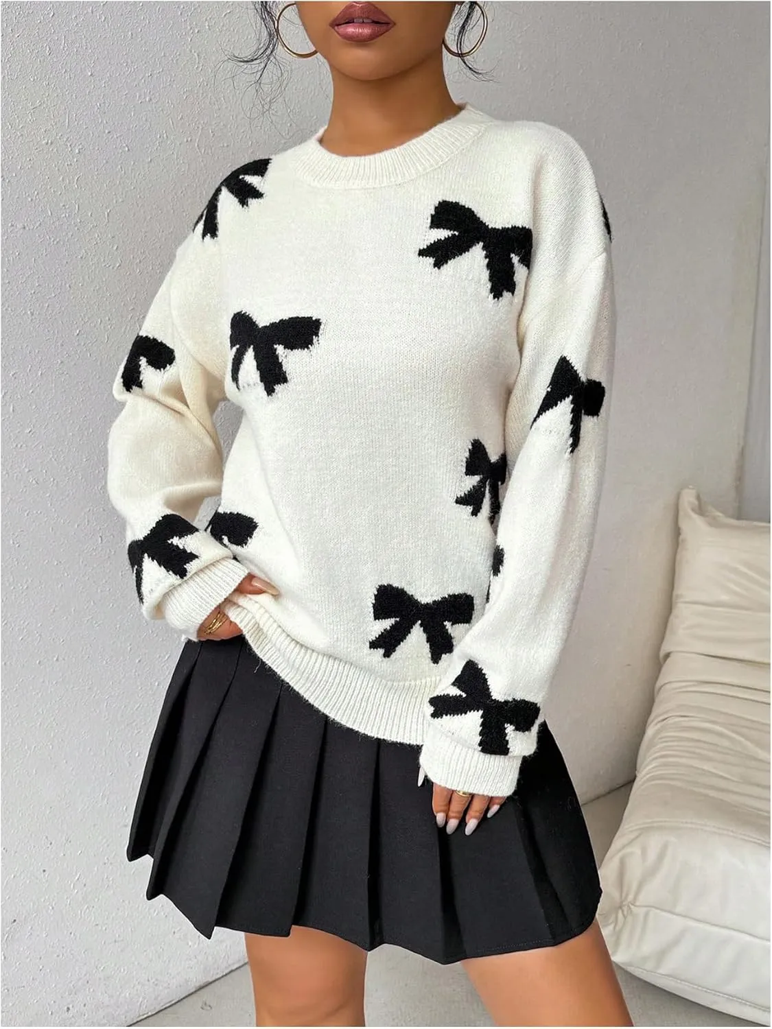GORGLITTER Women's Bow Sweater Long Sleeve Crew Neck Vintage Y2k Knitted Sweater