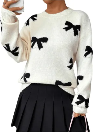 GORGLITTER Women's Bow Sweater Long Sleeve Crew Neck Vintage Y2k Knitted Sweater
