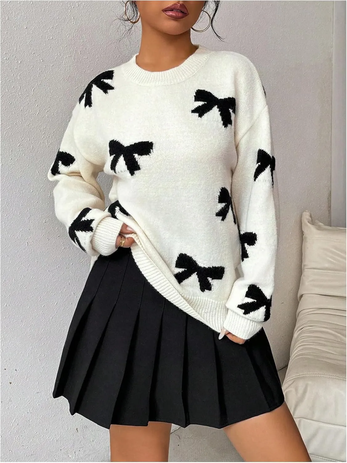 GORGLITTER Women's Bow Sweater Long Sleeve Crew Neck Vintage Y2k Knitted Sweater