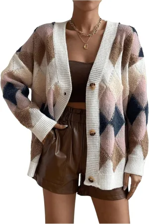 GORGLITTER Women's Checkered Cardigan Sweater Open Front Chunky Knit Sweater Outwear