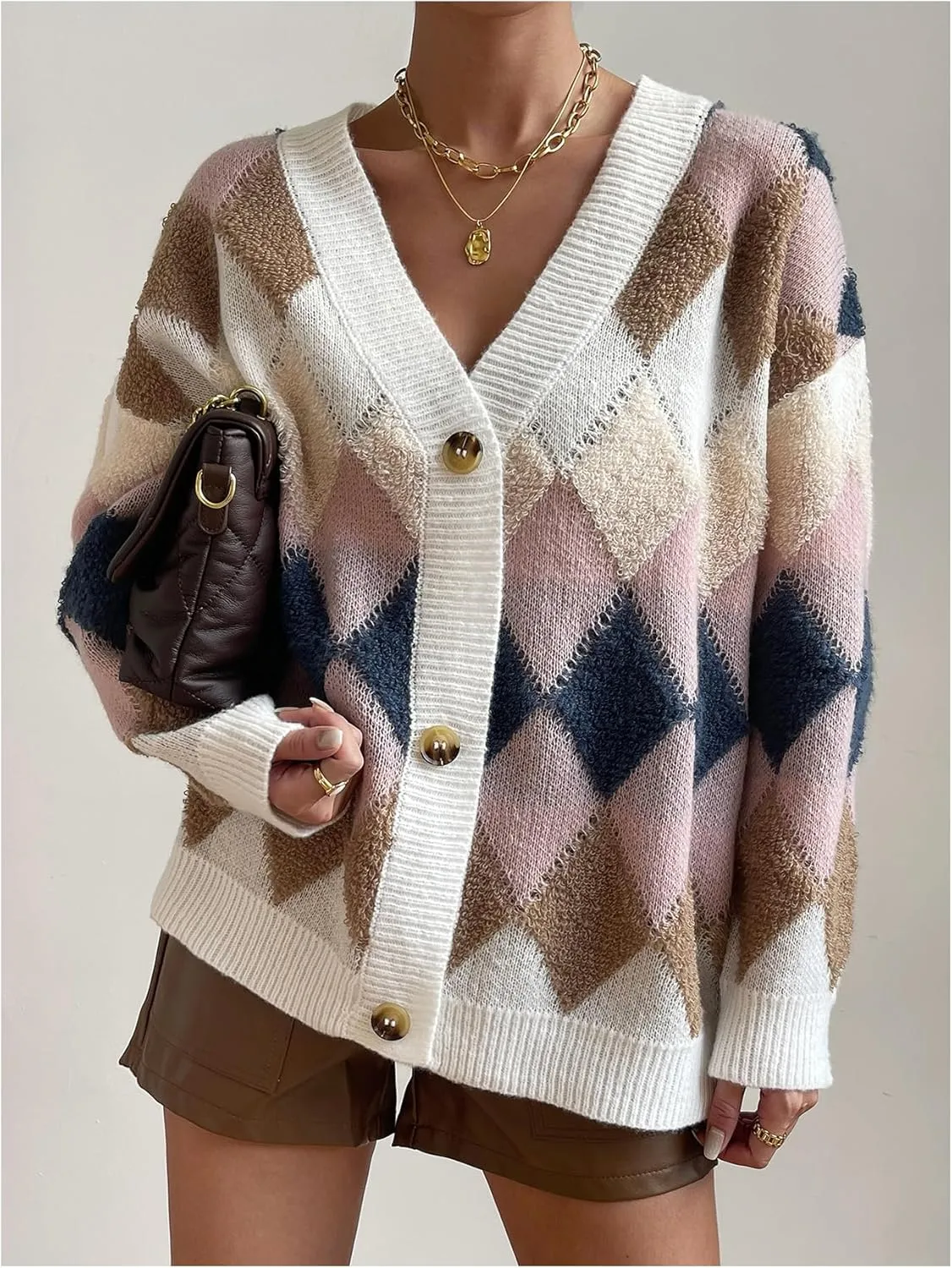 GORGLITTER Women's Checkered Cardigan Sweater Open Front Chunky Knit Sweater Outwear