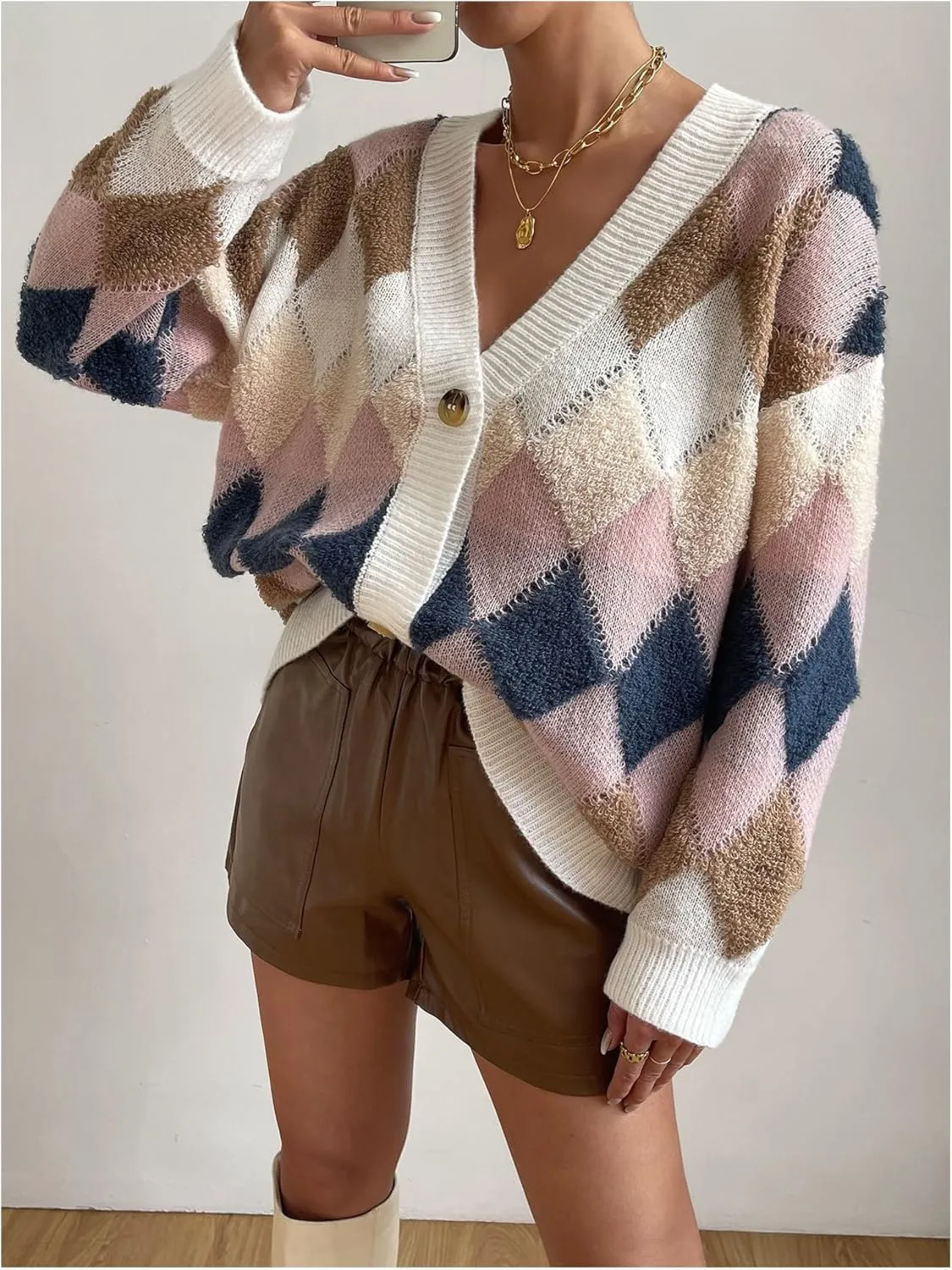 GORGLITTER Women's Checkered Cardigan Sweater Open Front Chunky Knit Sweater Outwear