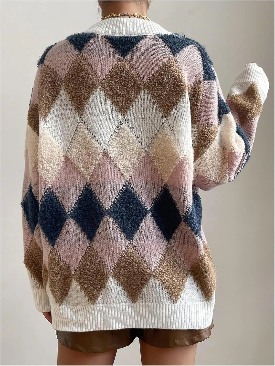 GORGLITTER Women's Checkered Cardigan Sweater Open Front Chunky Knit Sweater Outwear