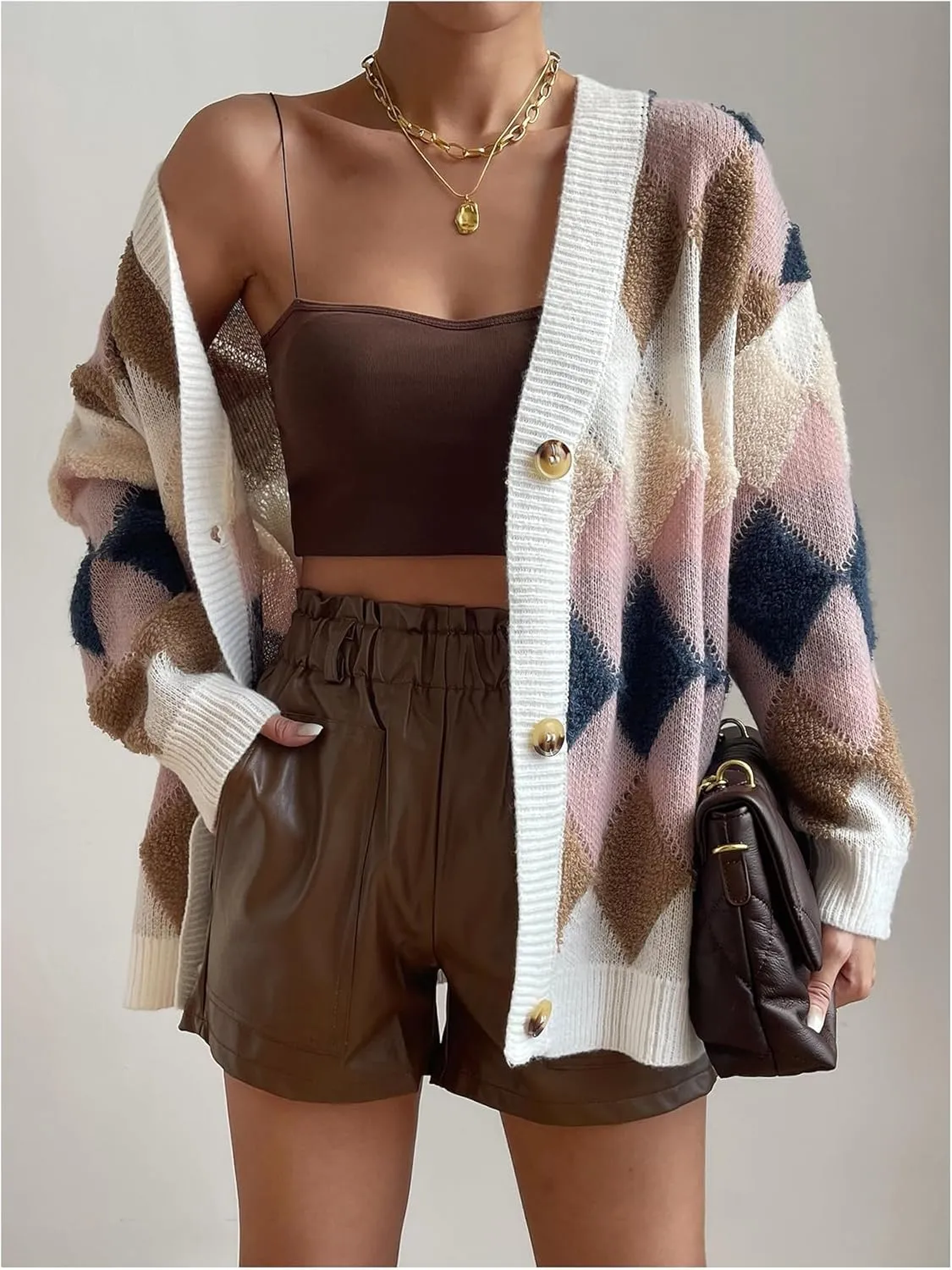 GORGLITTER Women's Checkered Cardigan Sweater Open Front Chunky Knit Sweater Outwear