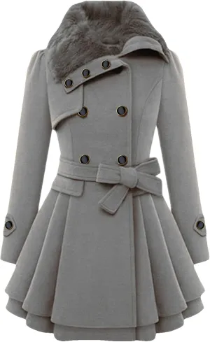 GORIFE Women Faux Fur Collar Coat Double Breasted Wool Blend Trench Coat Midi Swing Coat with Belt