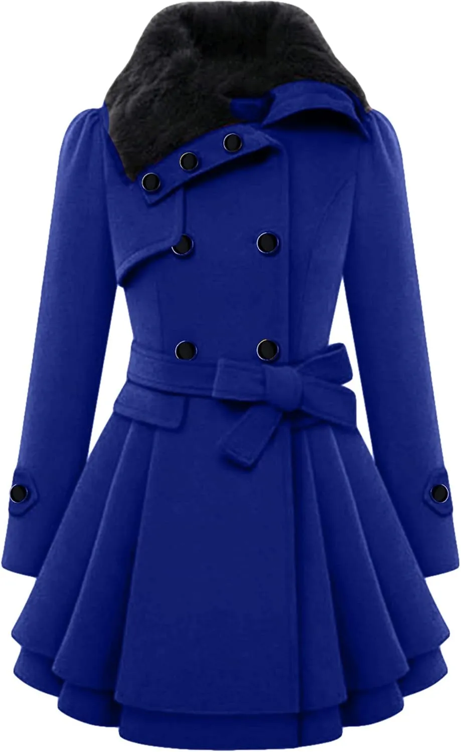 GORIFE Women Faux Fur Collar Coat Double Breasted Wool Blend Trench Coat Midi Swing Coat with Belt