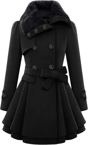 GORIFE Women Faux Fur Collar Coat Double Breasted Wool Blend Trench Coat Midi Swing Coat with Belt